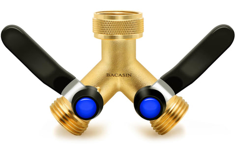 BACASIN brass hose splitter closeup showing rugged finish and leak-free design