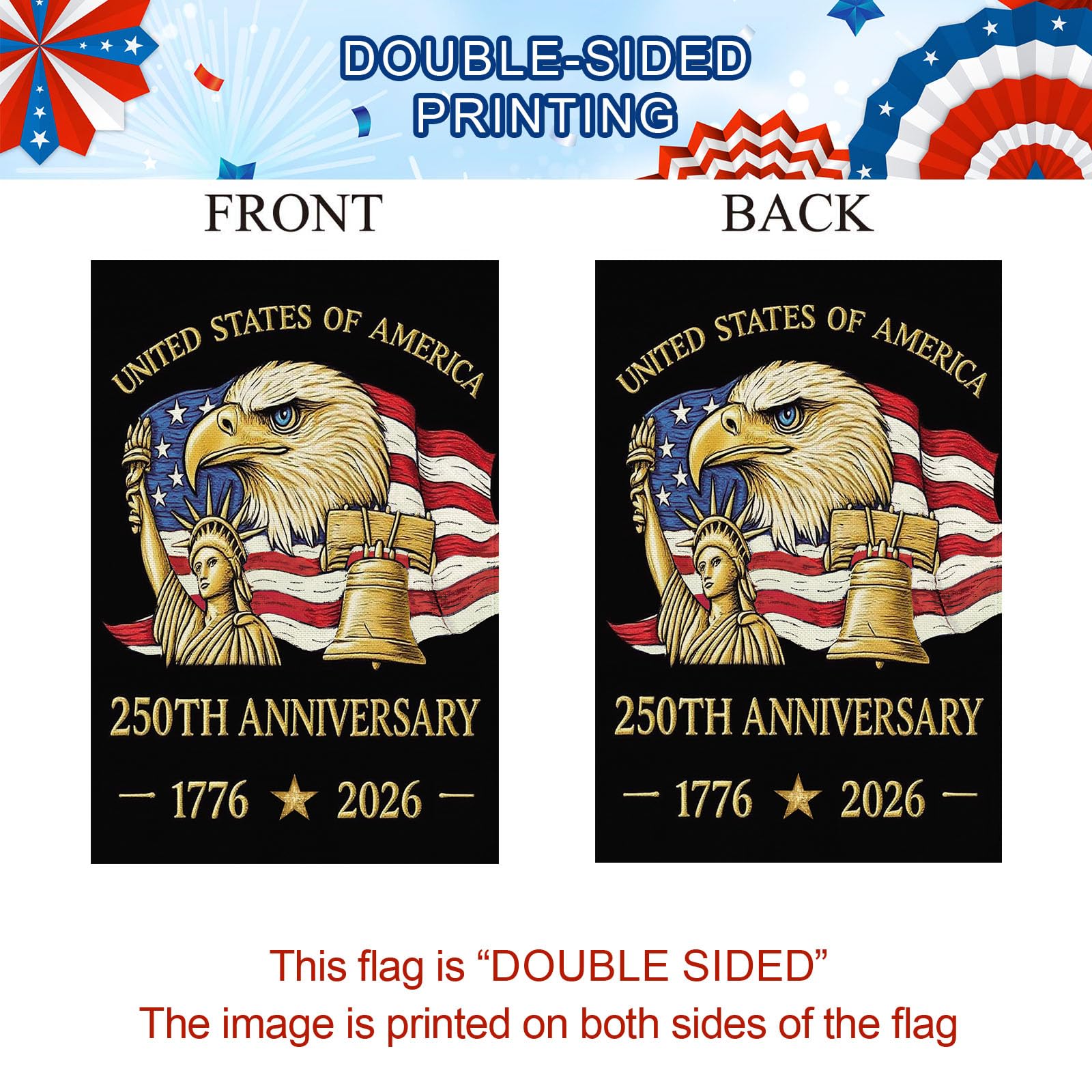 Baccessor 1776-2026 flag close-up shows double-sided print for visibility from all garden angles.