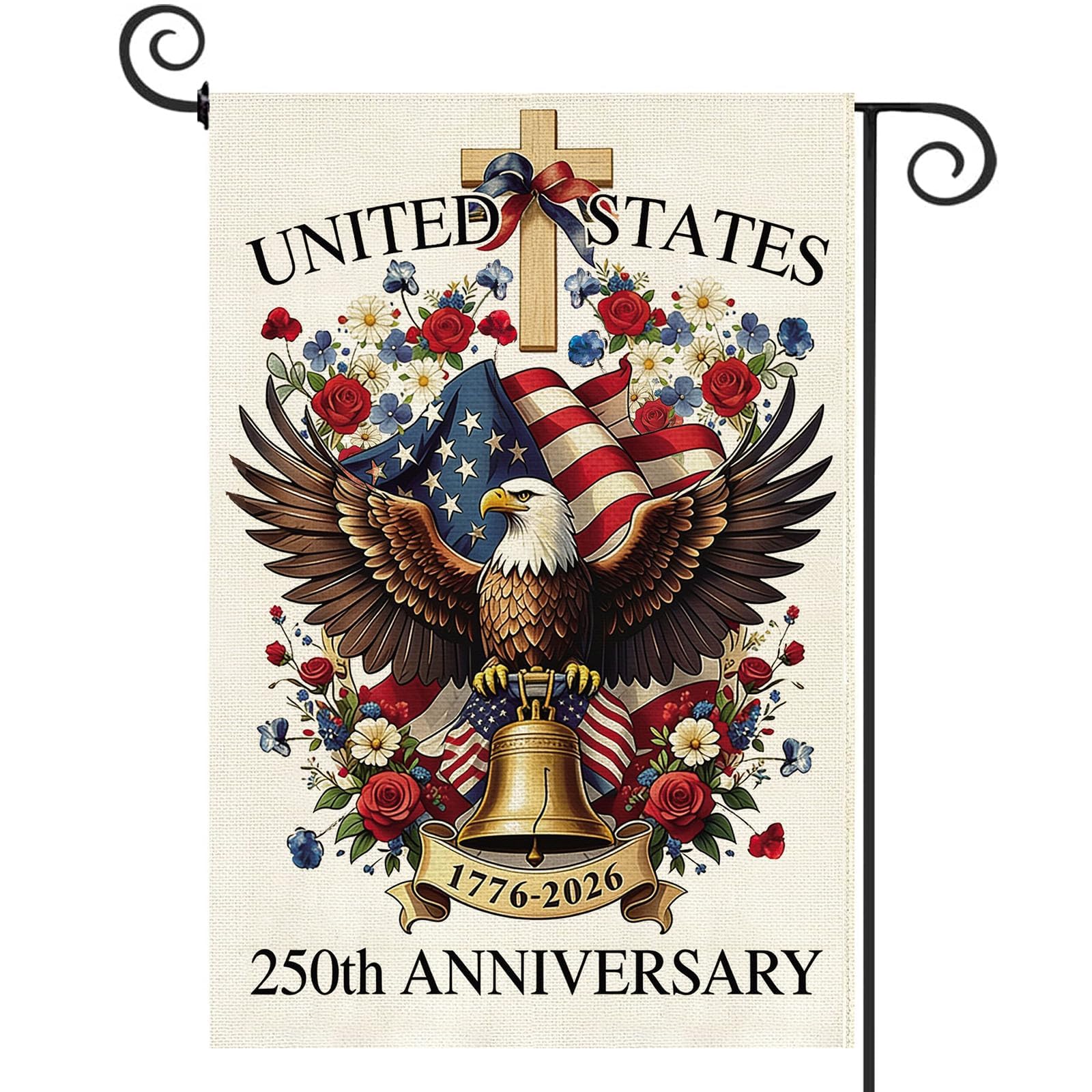 Baccessor 250 Years garden flag front view with durable double-sided burlap print for outdoor display