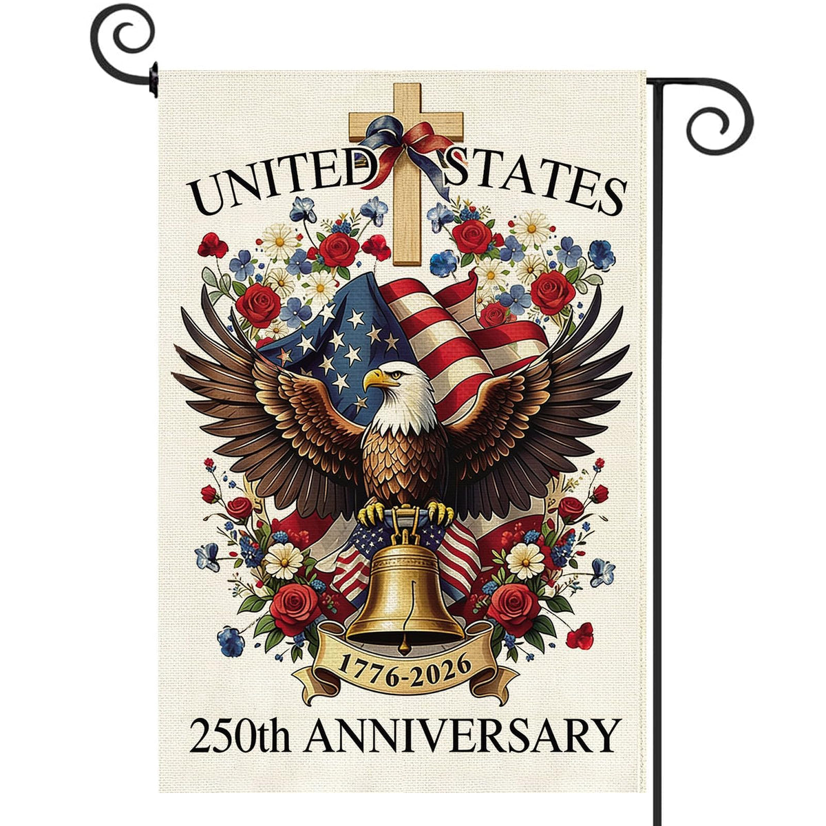 Baccessor 250 Years garden flag front view with durable double-sided burlap print for outdoor display
