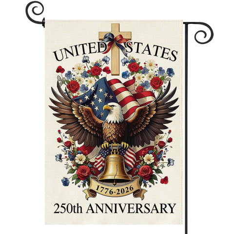 Baccessor 250 Years garden flag front view with durable double-sided burlap print for outdoor display