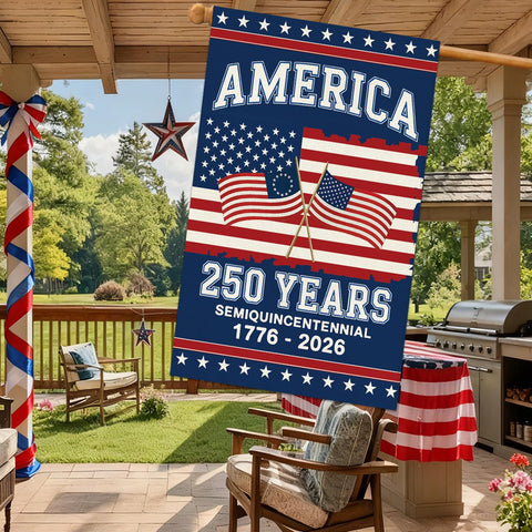 Baccessor 250th Anniversary flag 28x40 size demonstrated in a sunny porch setup