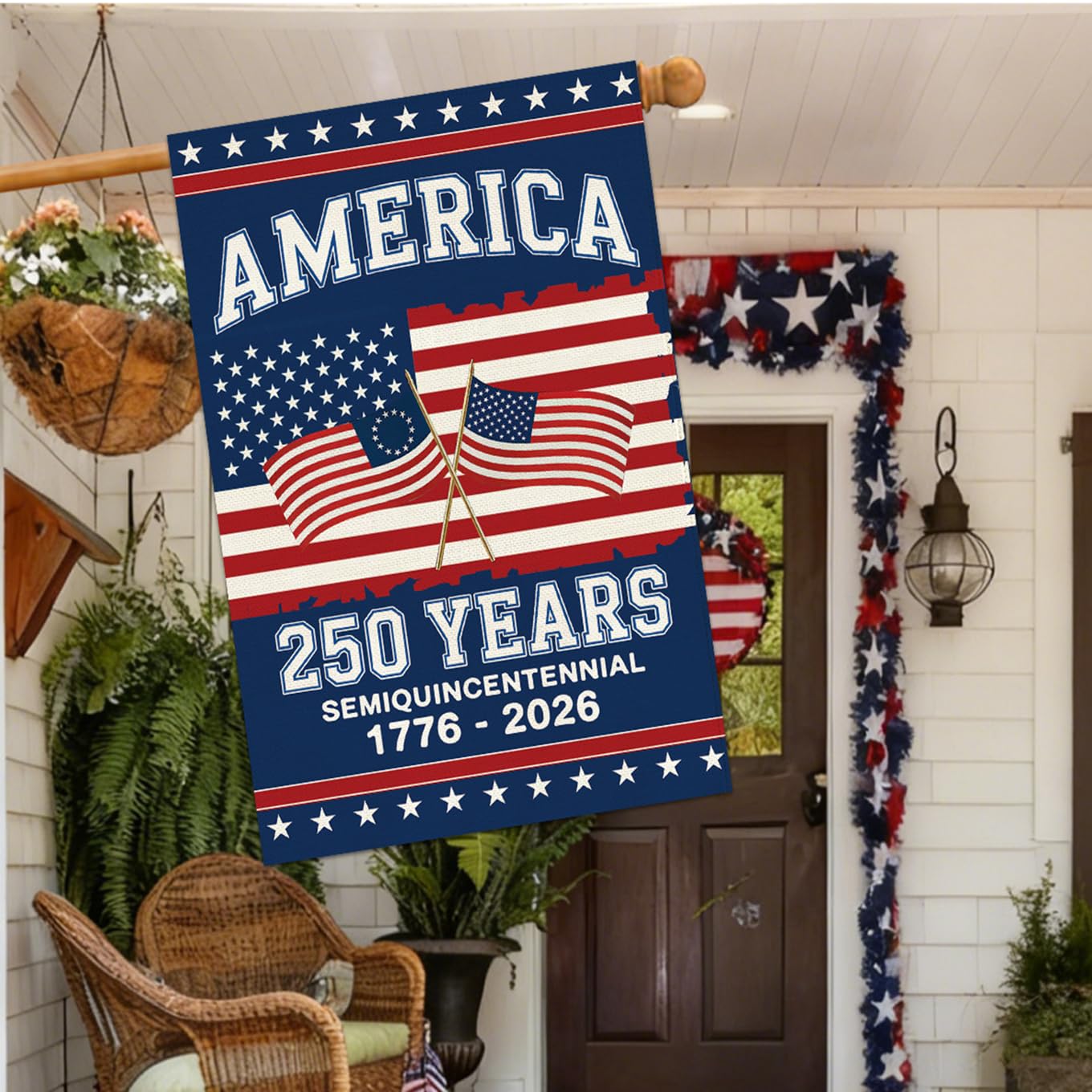 Baccessor 250th Anniversary flag back view showing mirrored print for two-sided visibility from anywhere