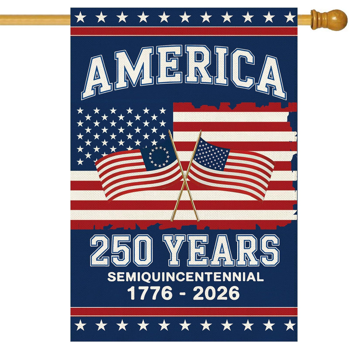 Baccessor 250th Anniversary flag front view with double-sided print for outdoor display