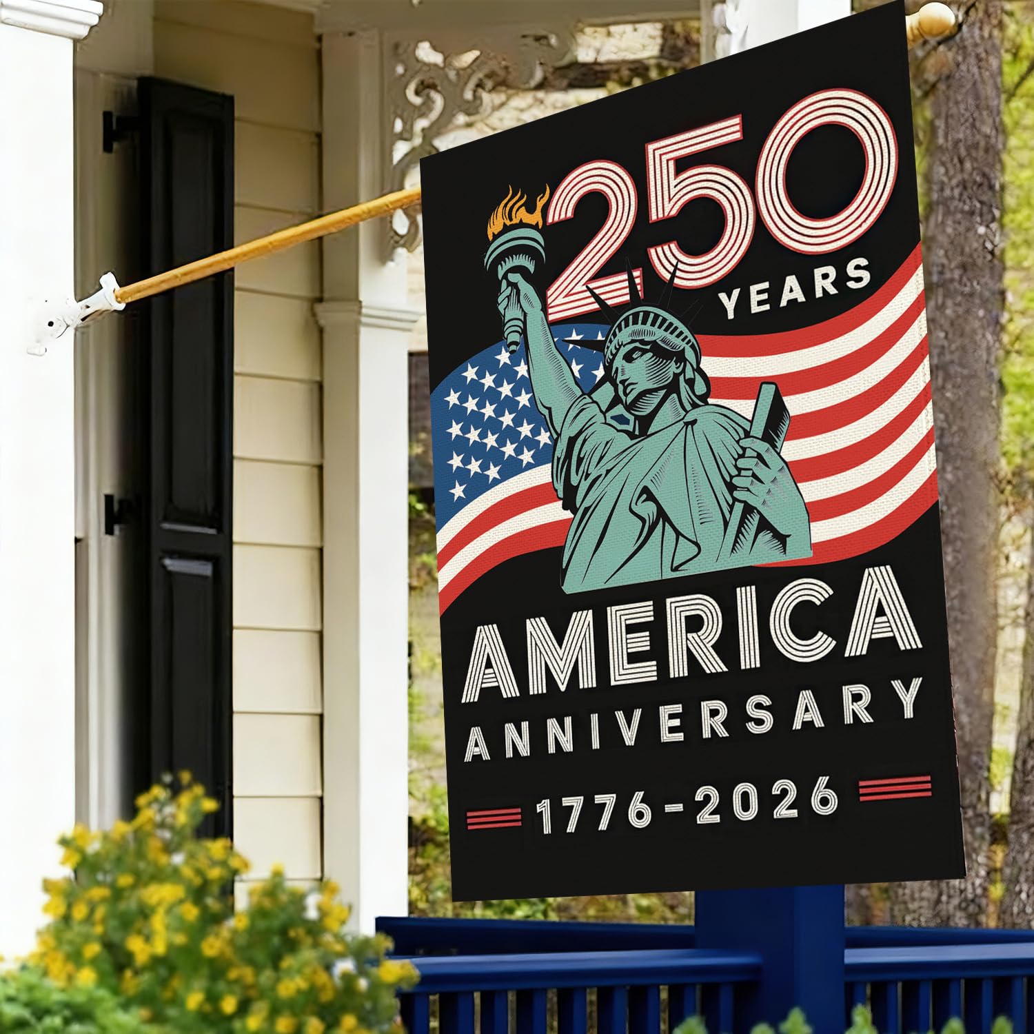 Baccessor flag house decor example on porch.