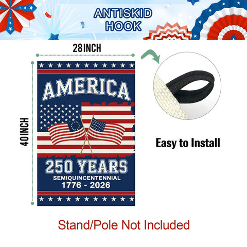 Baccessor 250th Anniversary flag displayed outdoors on deck for seasonal decor
