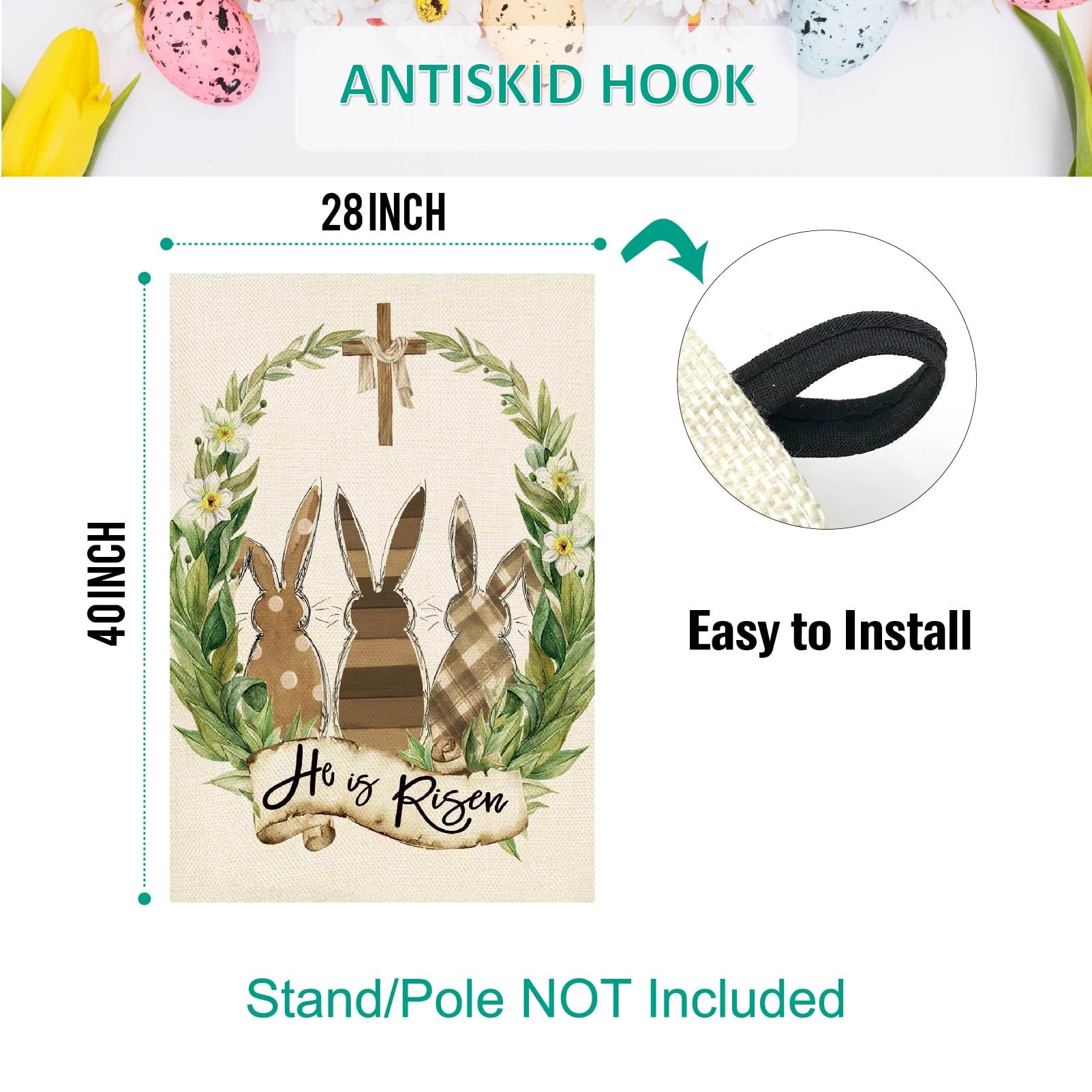 Baccessor 28x40 inch Easter flag with top sleeve for easy installation.