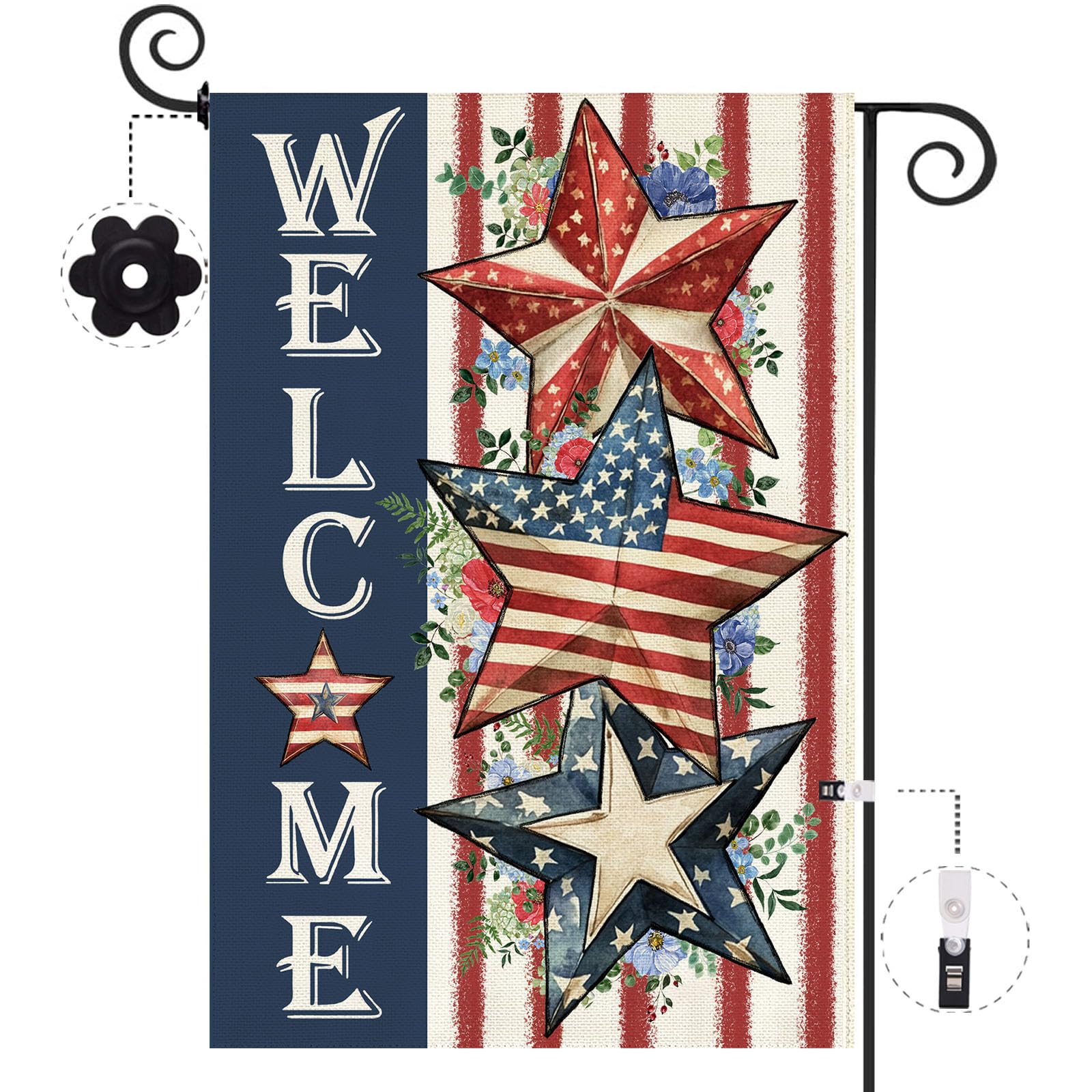 Baccessor 4th of July garden flag with double-sided burlap stars, durable for outdoor use.