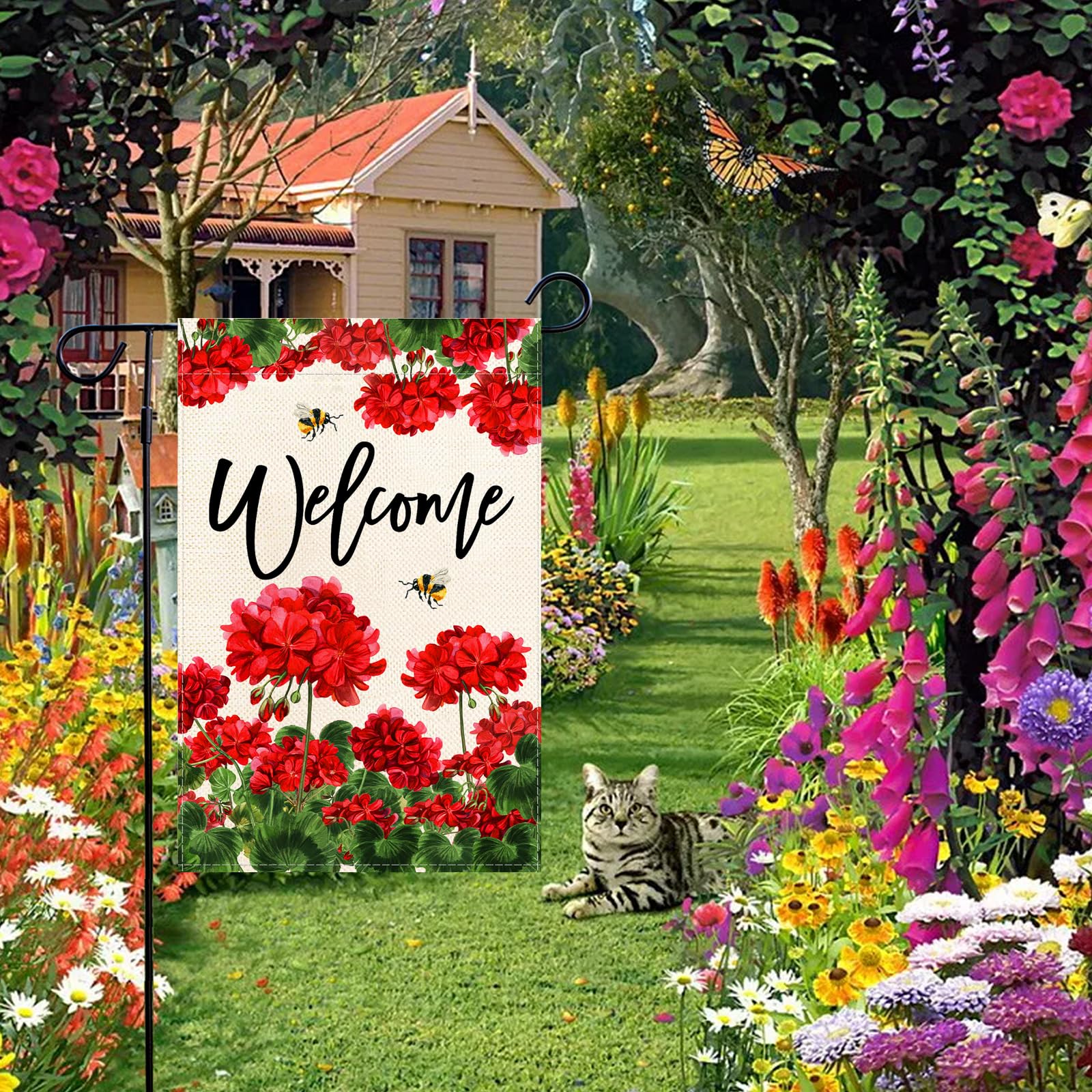 Baccessor bee red floral design detail adds seasonal charm to outdoor spaces.