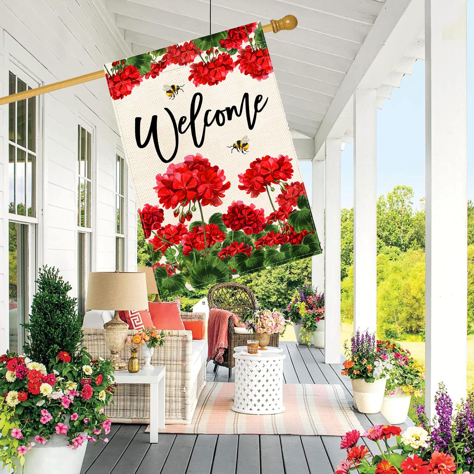Baccessor bee red floral print closeup highlighting vibrant seasonal accents.