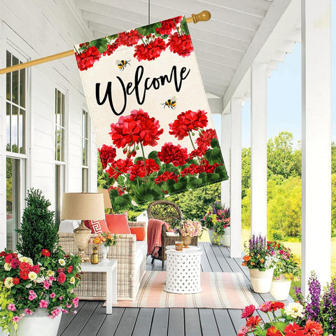 Baccessor bee red floral print closeup highlighting vibrant seasonal accents.