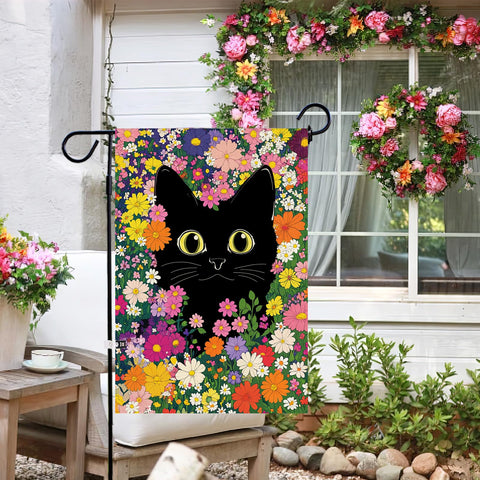 Baccessor black cat with flowers flag adds charming outdoor decor and hospitality.