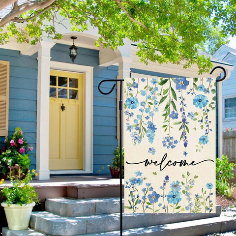 Baccessor blue flower garden flag closeup highlighting durable, vibrant print.