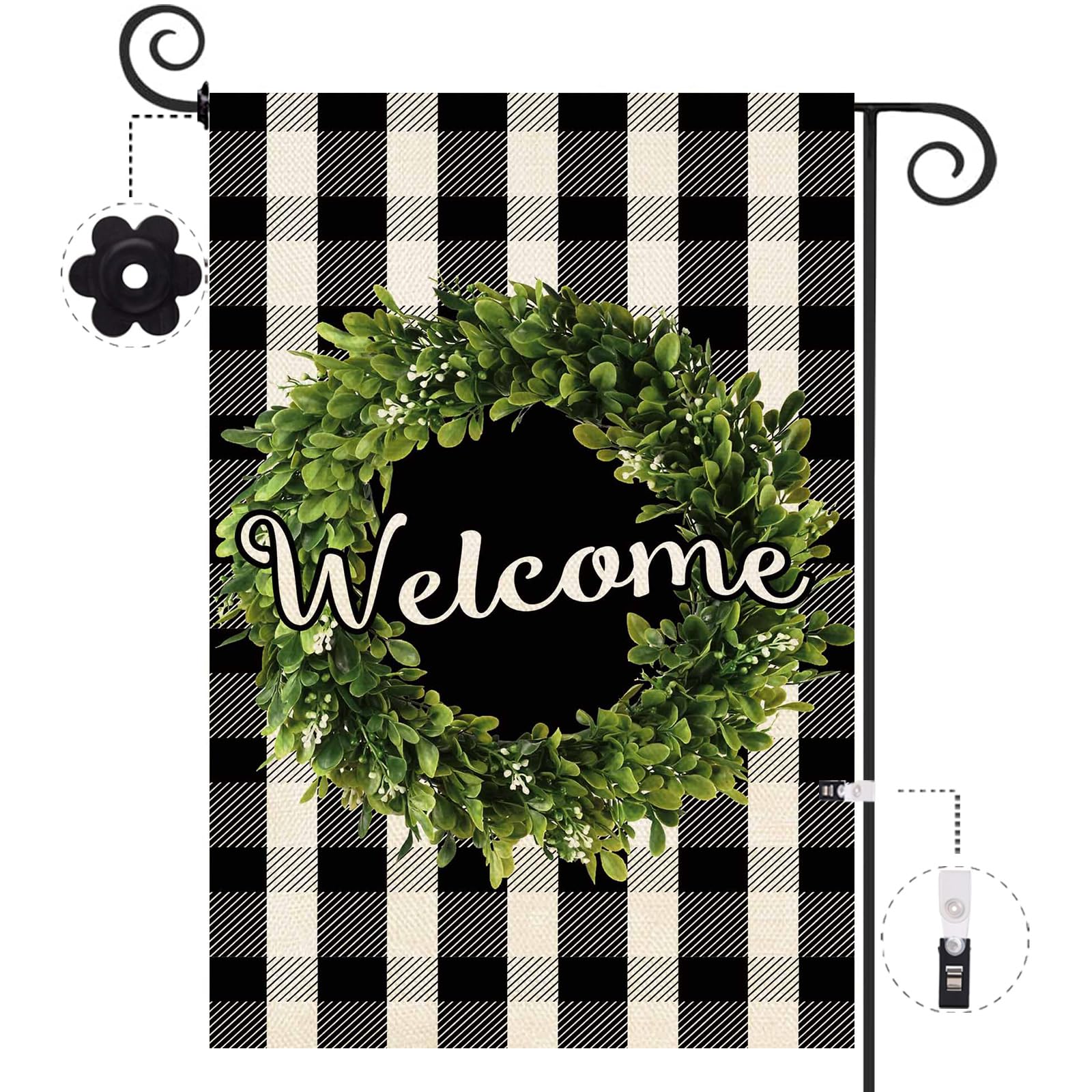 Baccessor Boxwood Wreath Welcome Flag with double-sided design for welcoming curb appeal