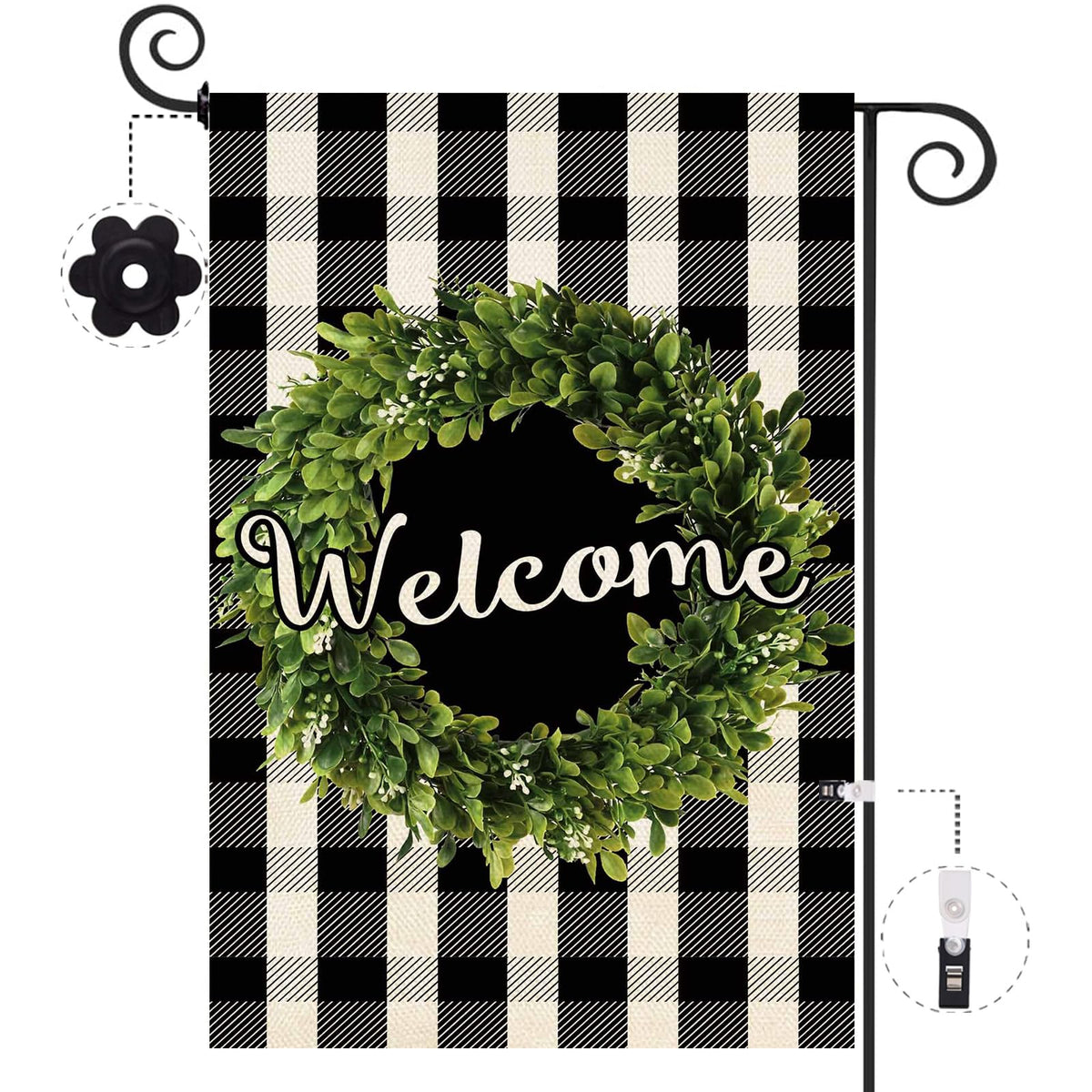 Baccessor Boxwood Wreath Welcome Flag with double-sided design for welcoming curb appeal