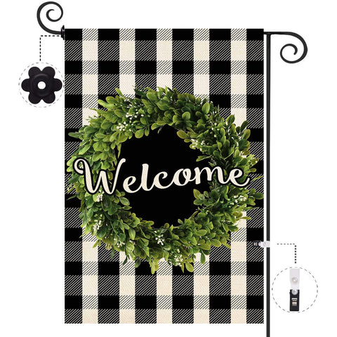 Baccessor Boxwood Wreath Welcome Flag with double-sided design for welcoming curb appeal