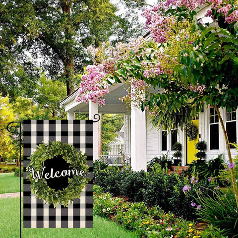 Buffalo plaid welcome flag design reads from both sides for farmhouse charm
