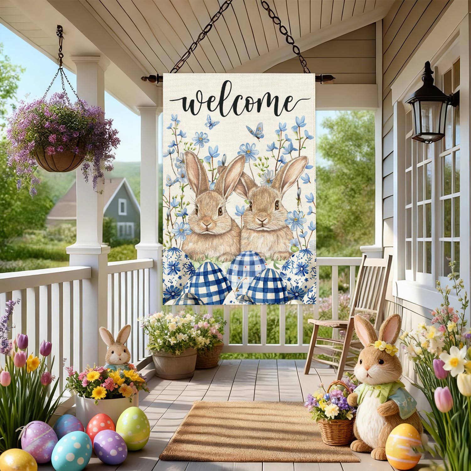 Baccessor bunny blue flowers design flag detail enhancing spring curb appeal