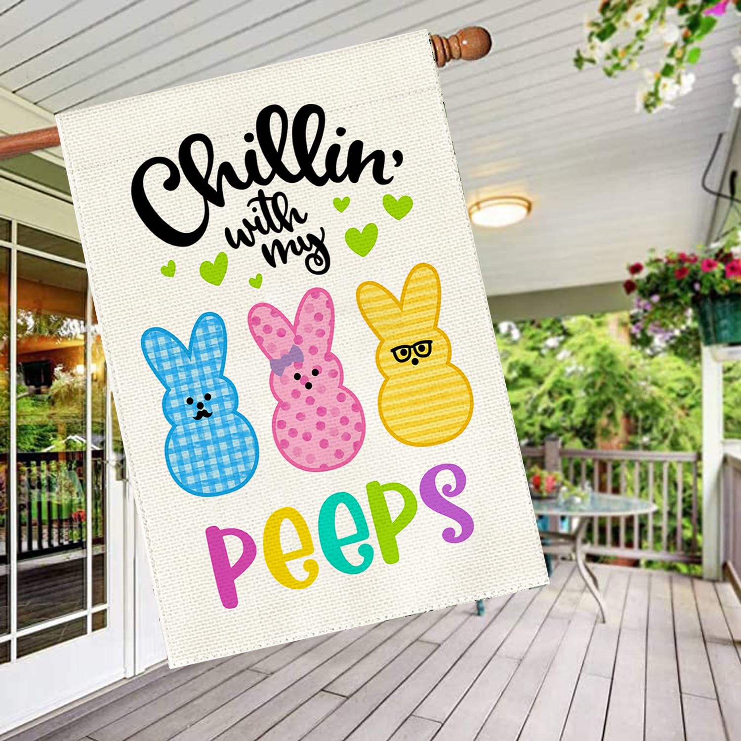 Baccessor double-sided bunny flag reads correctly from both sides for welcoming garden signage