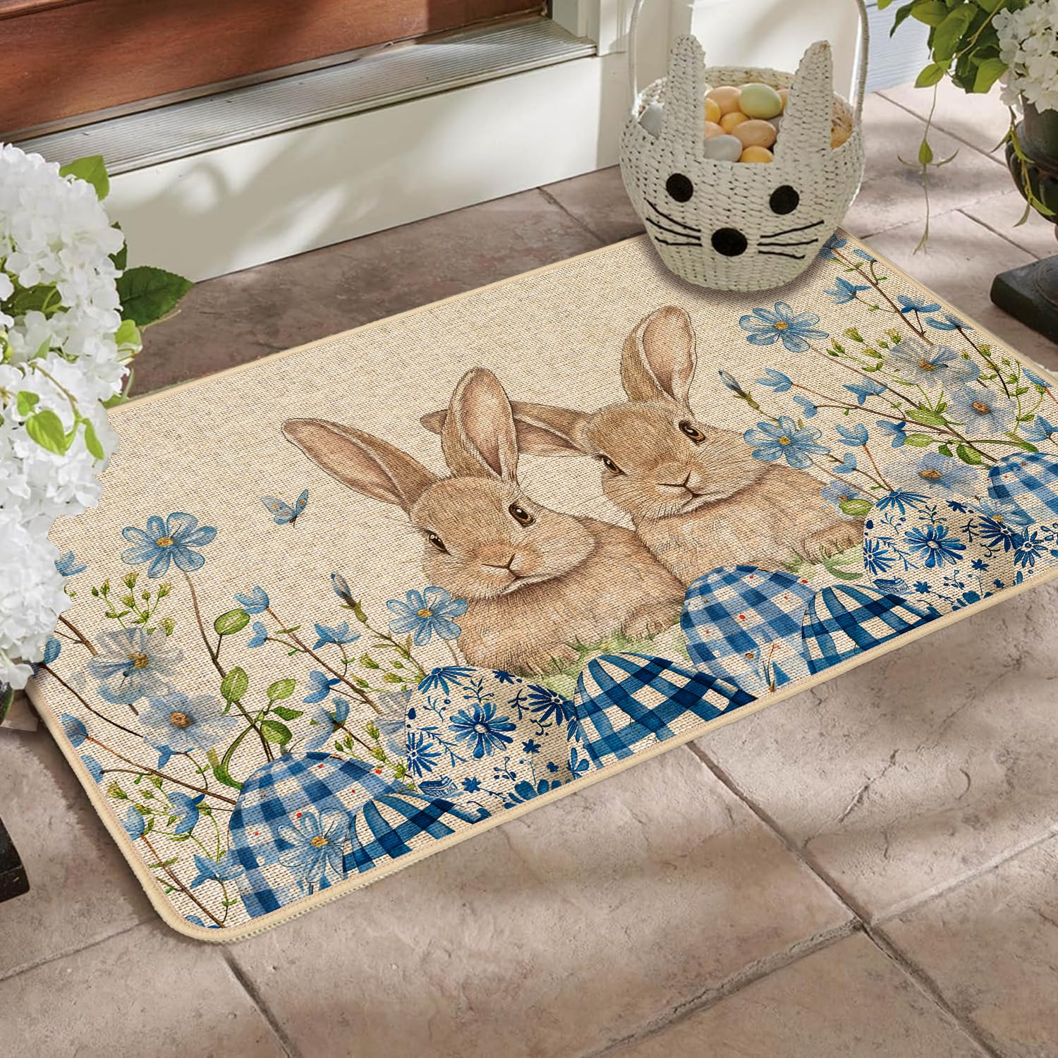 Baccessor bunny rabbits welcome mat highlighting spring motif for porches and entryways.