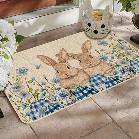 Baccessor bunny rabbits welcome mat highlighting spring motif for porches and entryways.
