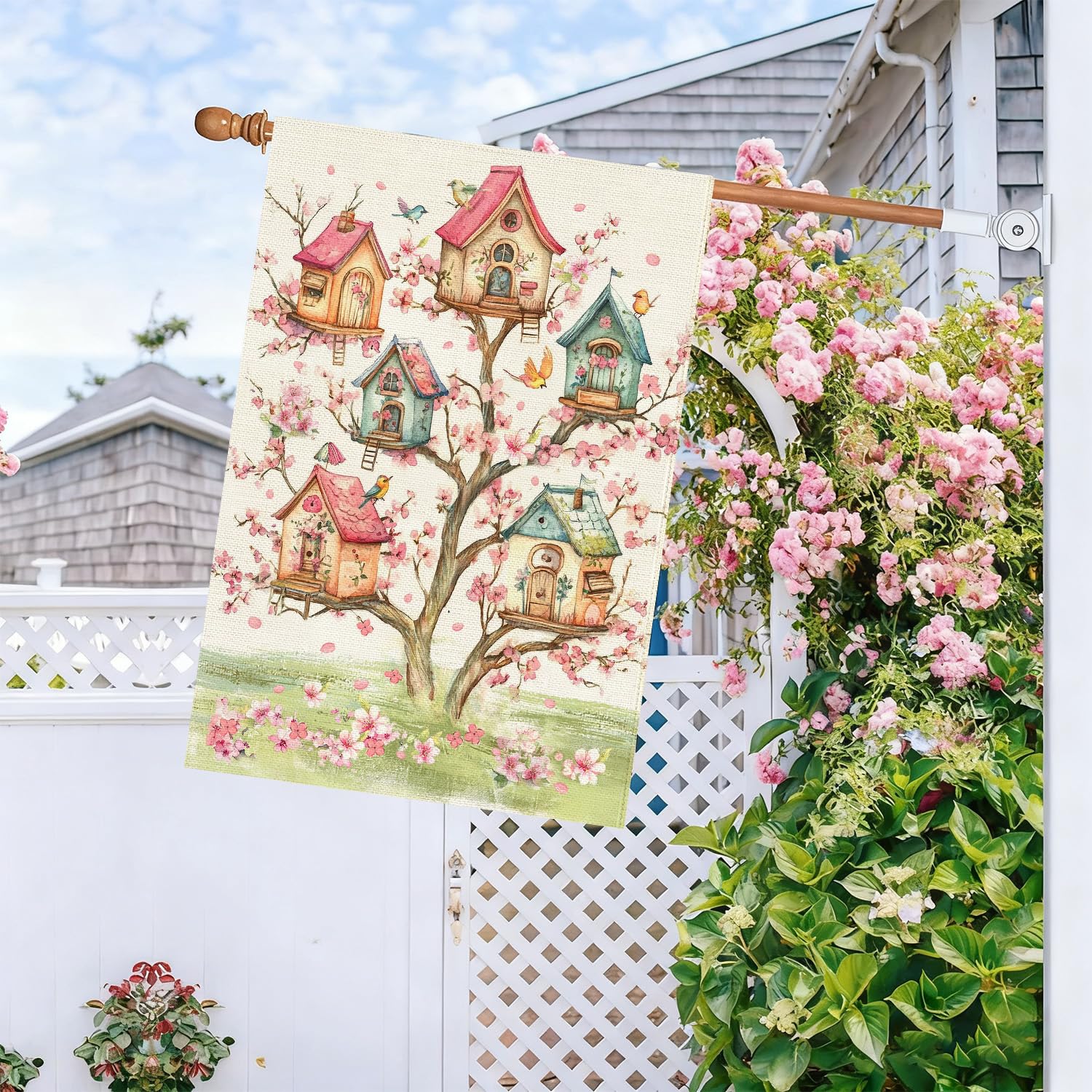 Baccessor burlap pink floral flag adds rustic porch charm