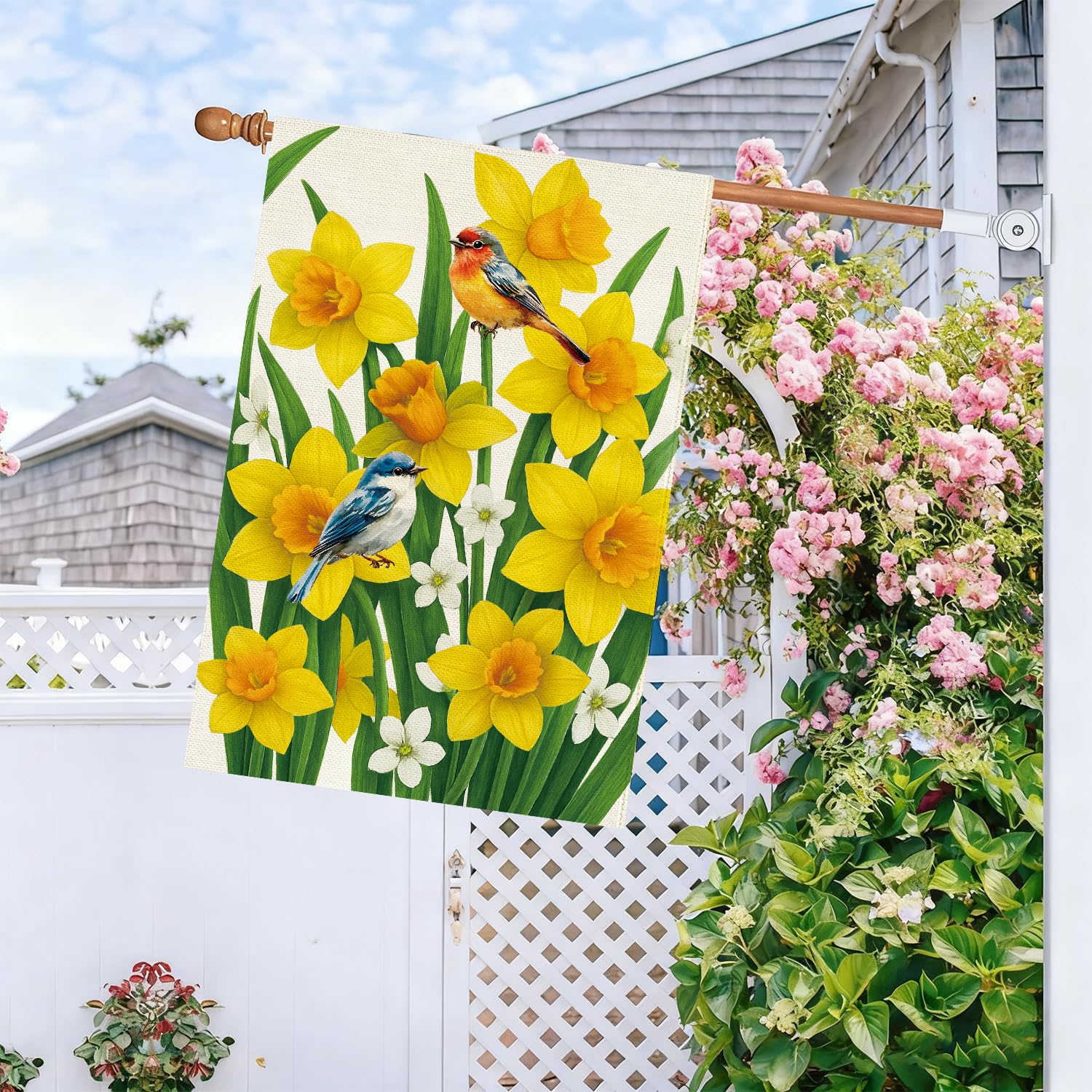 Baccessor daffodils house flag bluebirds with yellow flowers boosts curb appeal