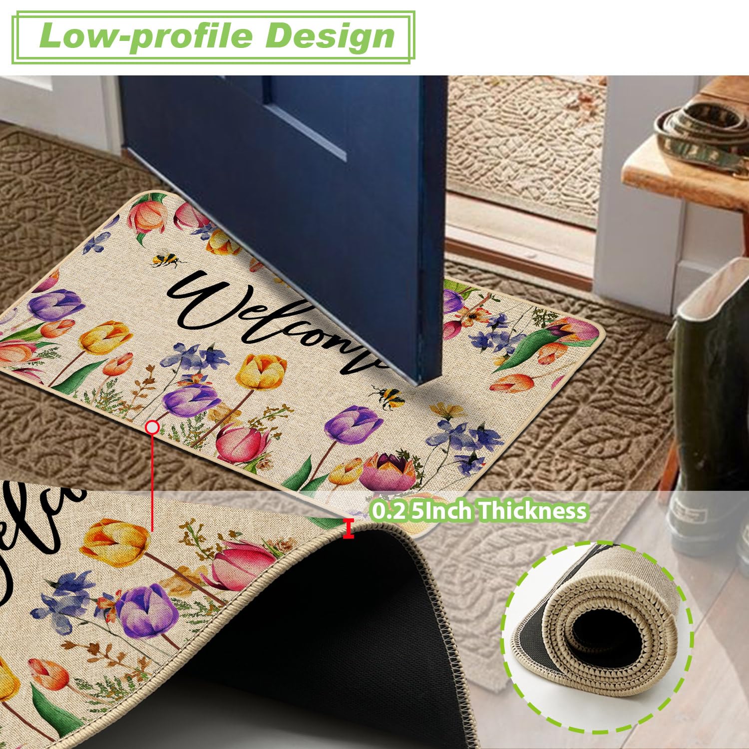 Baccessor burlap-like surface traps dirt and moisture at threshold.