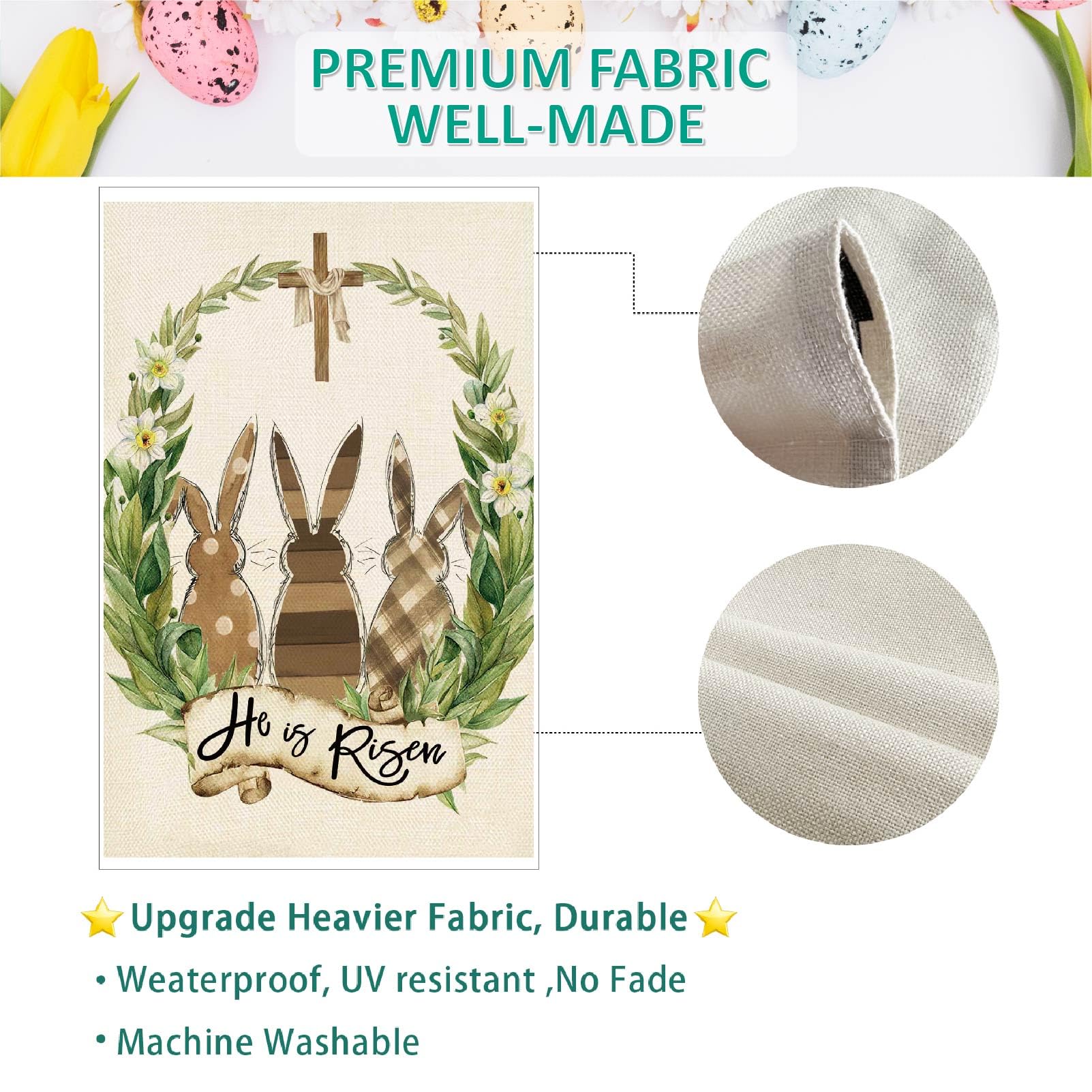 Baccessor double-sided burlap Easter flag for clear viewing from both directions.