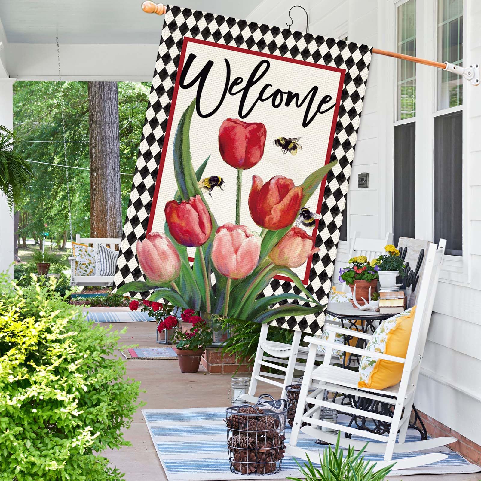 Baccessor double-sided burlap flag featuring tulips for visible decoration from all angles.