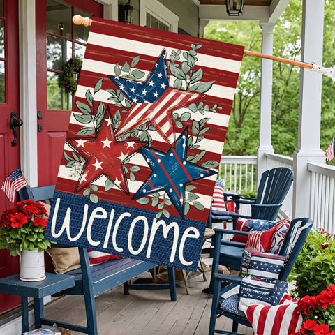 Baccessor double-sided burlap flag for versatile outdoor displays.