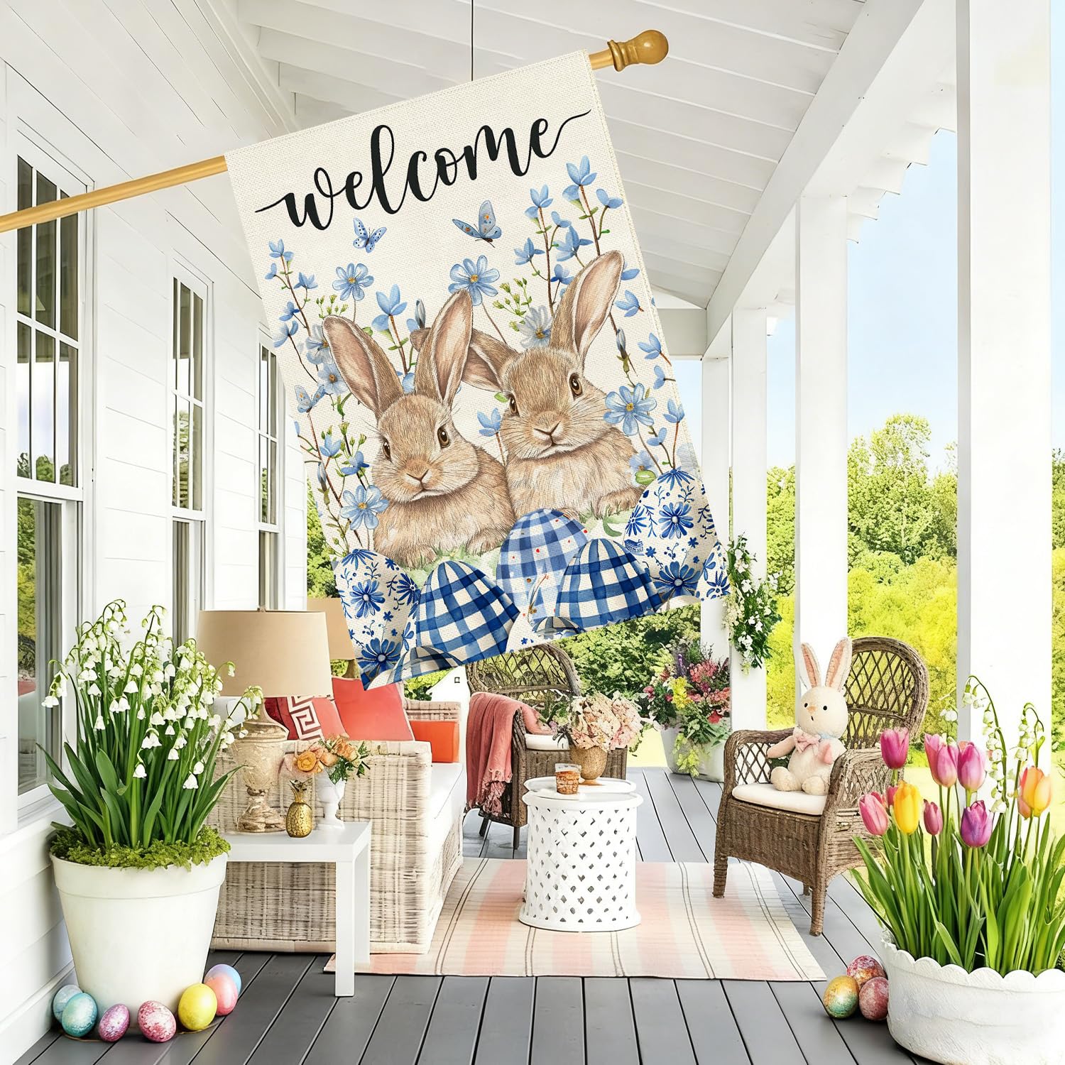 Baccessor double-sided burlap flag shown from multiple garden angles