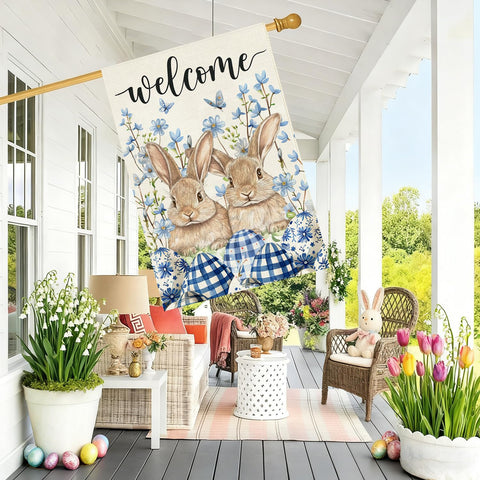 Baccessor double-sided burlap flag shown from multiple garden angles