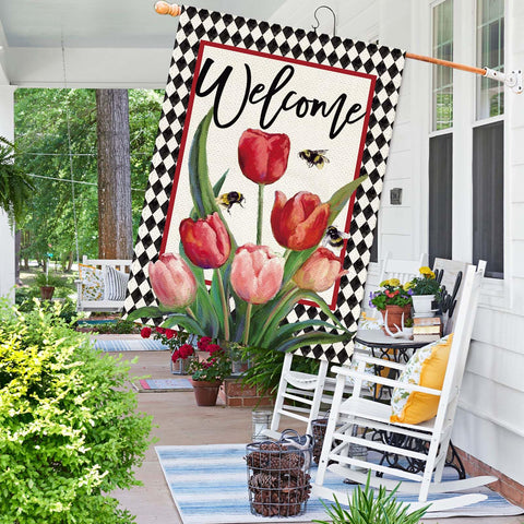 Baccessor double-sided burlap flag featuring tulips for visible decoration from all angles.