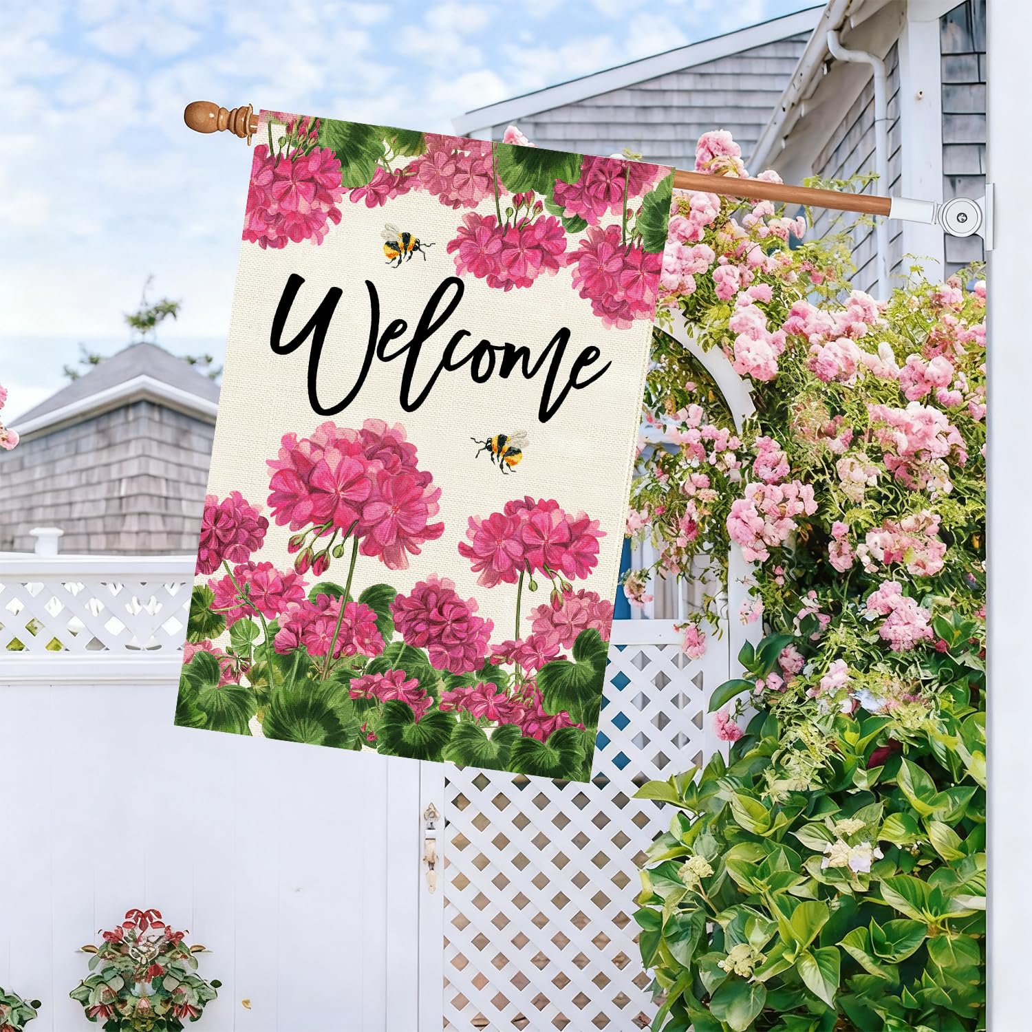 Baccessor geranium flag for garden with weatherproof durability