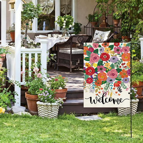 Baccessor floral double-sided flag close-up shows vibrant petals.