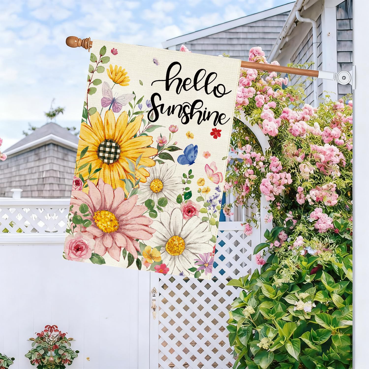 Baccessor double-sided print close-up highlighting burlap texture for durable outdoor use.
