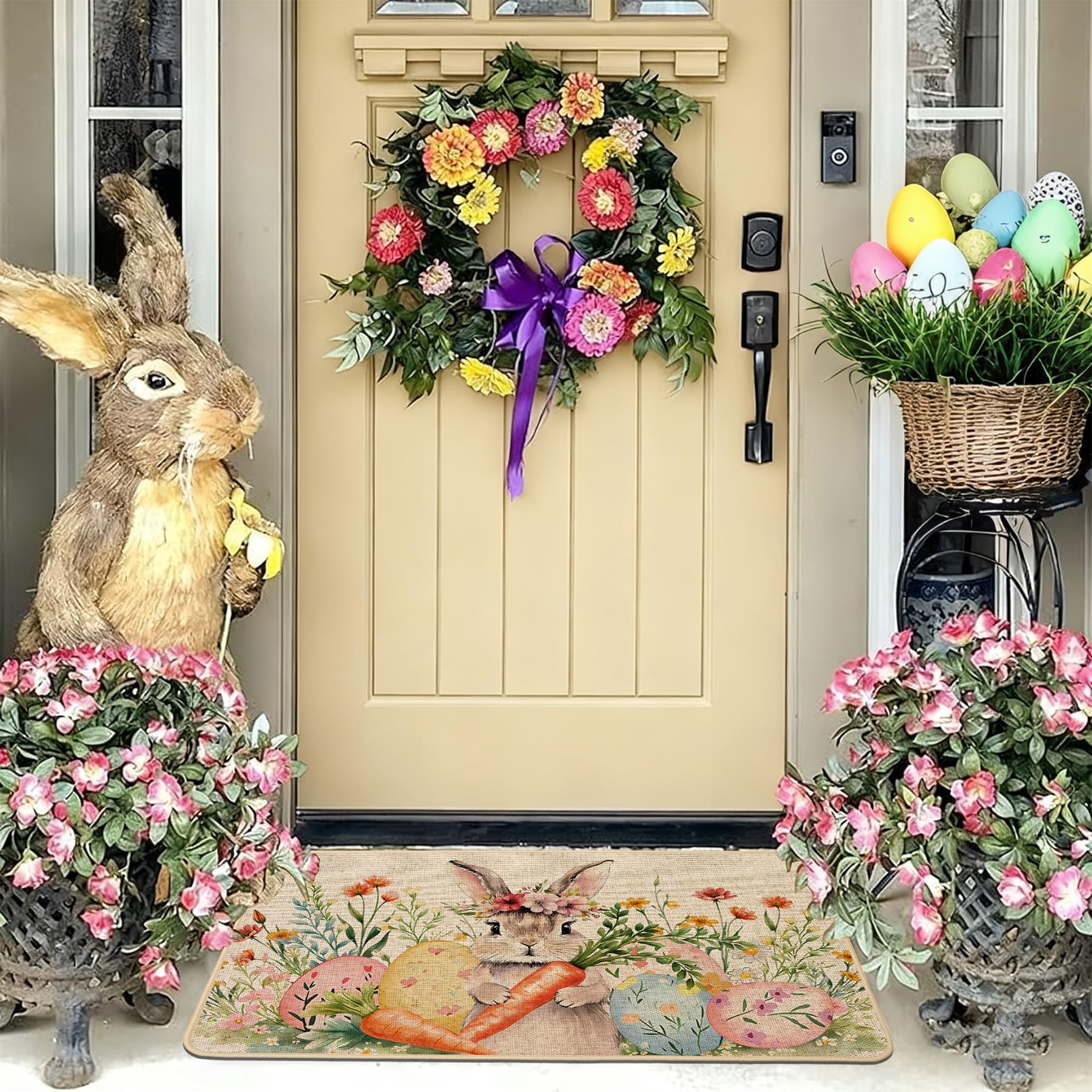 Baccessor Easter bunny doormat indoor scene shows compact low-profile 17x29 inch size