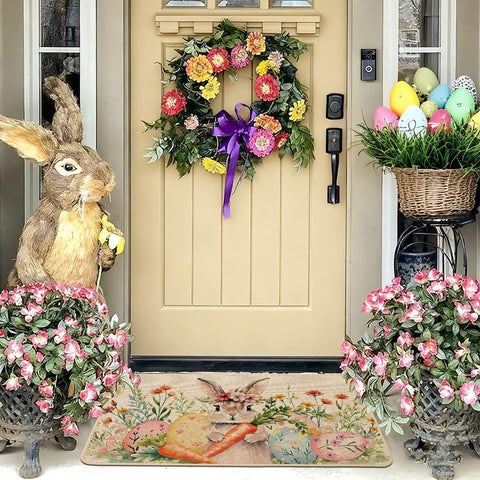 Baccessor Easter bunny doormat indoor scene shows compact low-profile 17x29 inch size