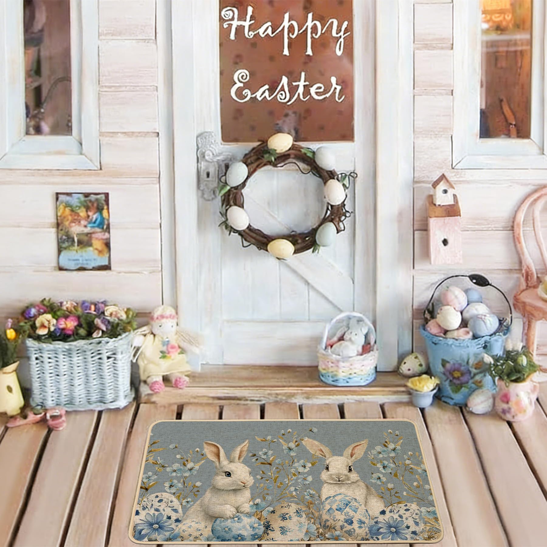 Baccessor blue Easter bunny eggs door mat for indoor or outdoor use.