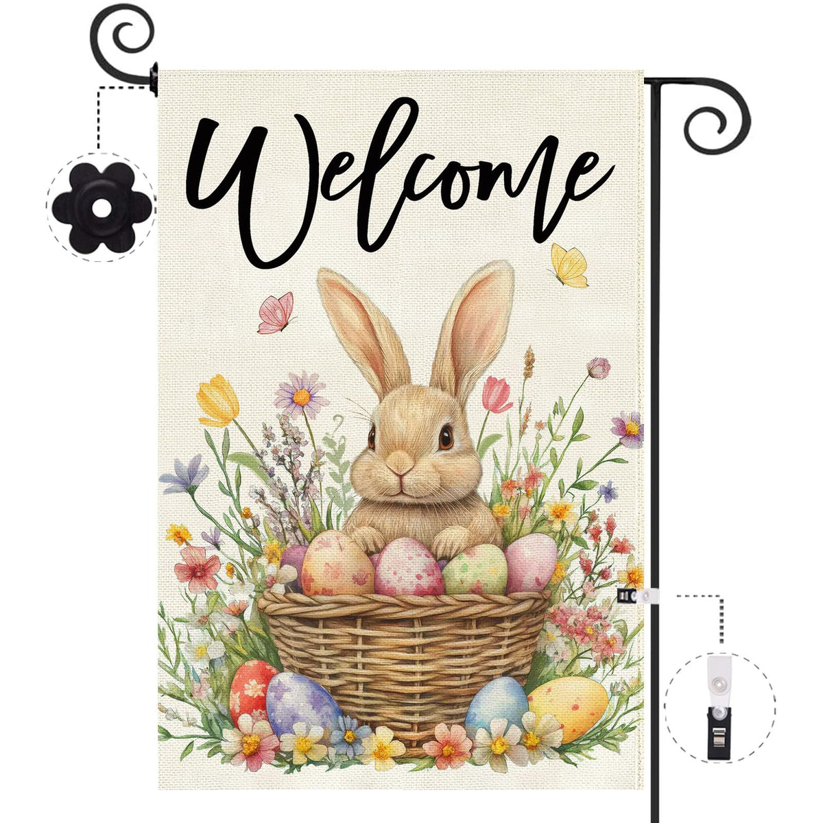 Baccessor Easter Bunny Garden Flag front view, double-sided welcome display for outdoors.