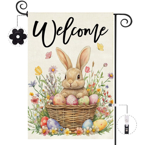 Baccessor Easter Bunny Garden Flag front view, double-sided welcome display for outdoors.