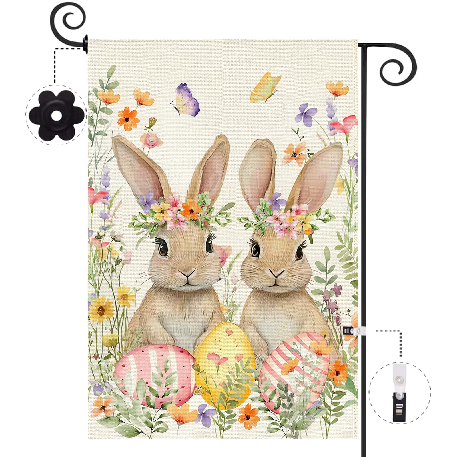 Baccessor Easter Bunny garden flag, front view, double-sided print for welcoming spring visitors.