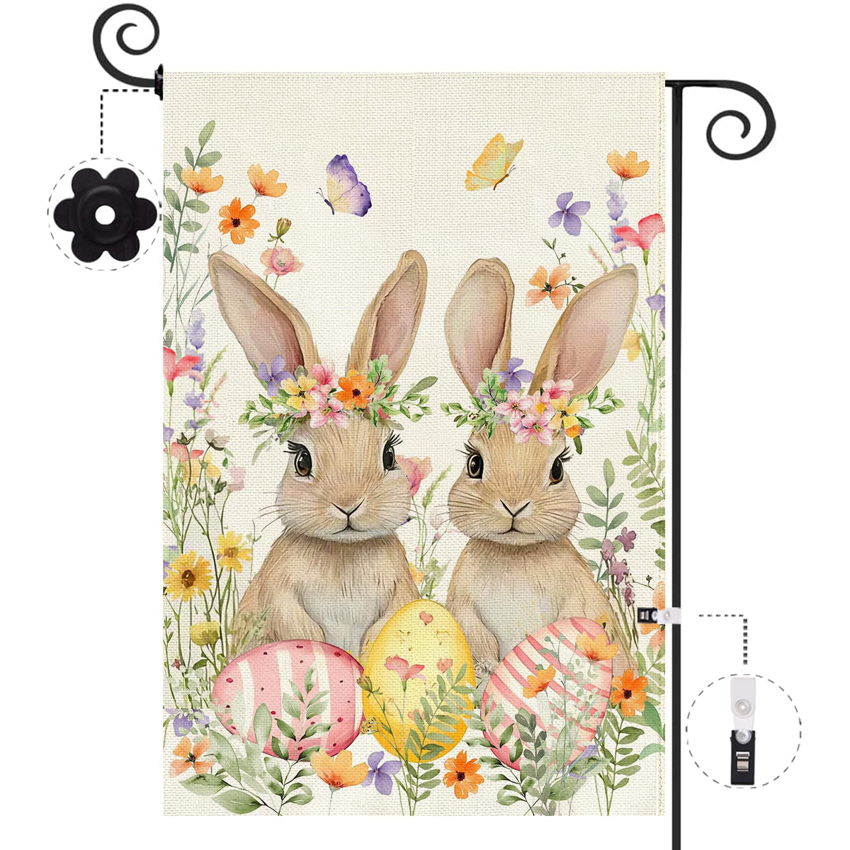 Baccessor Easter Bunny garden flag, front view, double-sided print for welcoming spring visitors.