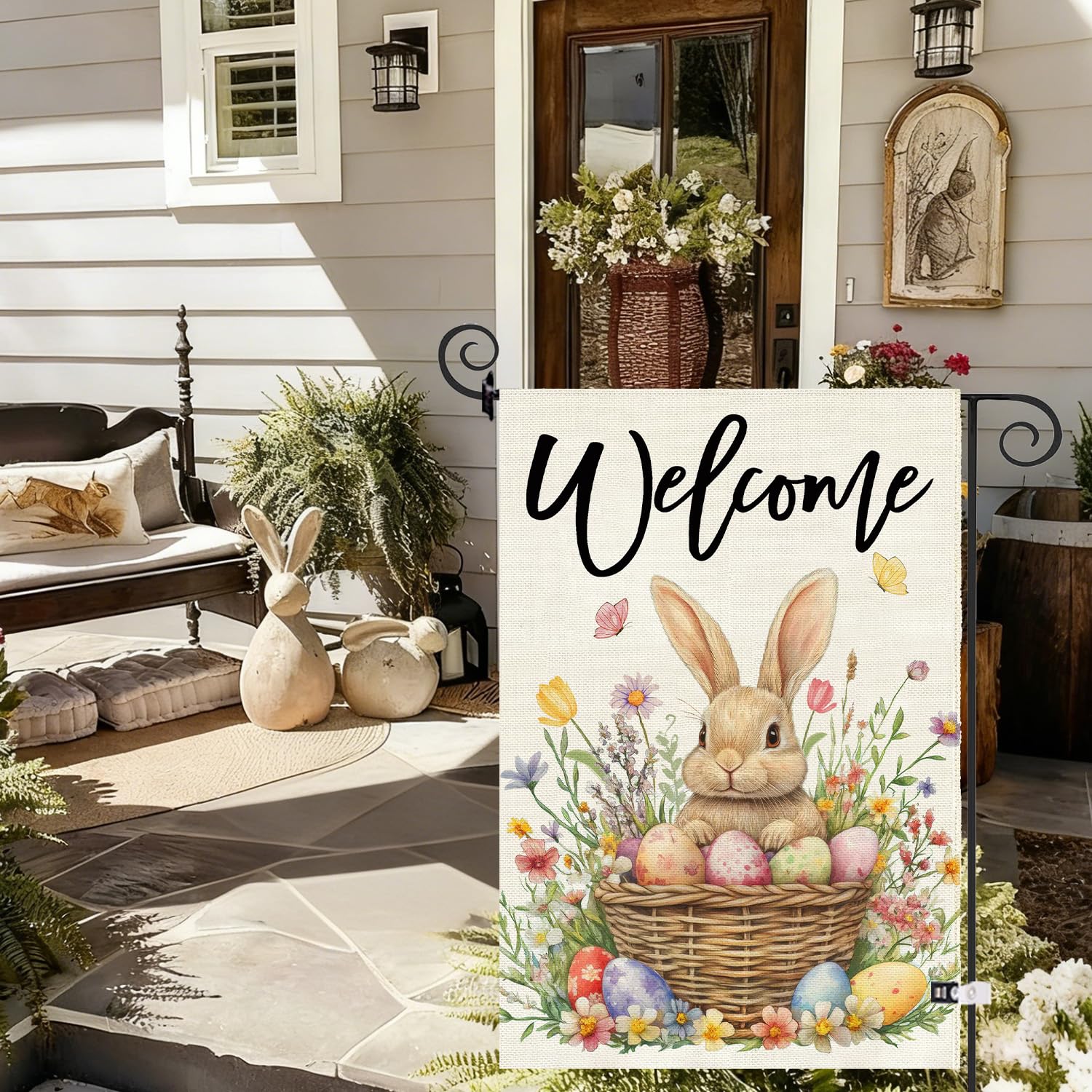 Baccessor Easter Bunny Garden Flag eggs basket design adds festive charm outdoors.