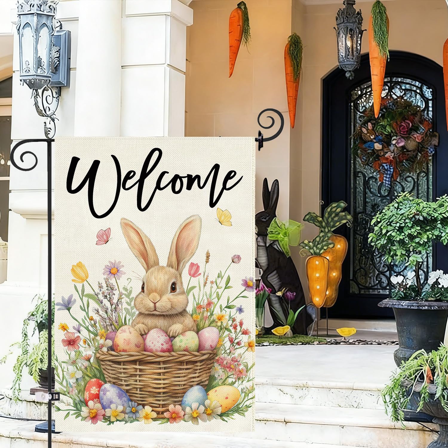 Baccessor Easter Bunny Garden Flag side view demonstrates durable outdoor decor against wind.