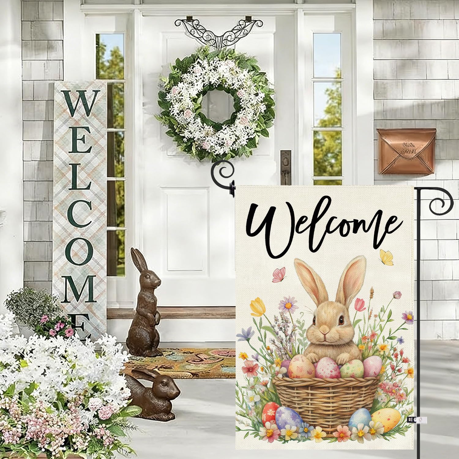 Baccessor Easter Bunny Garden Flag weatherproof fabric withstands seasonal outdoor use.