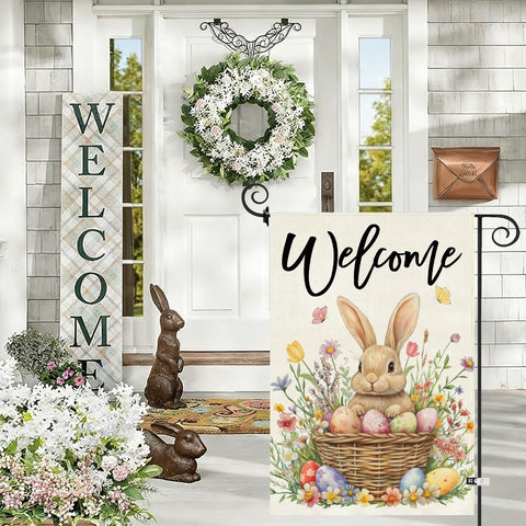 Baccessor Easter Bunny Garden Flag weatherproof fabric withstands seasonal outdoor use.
