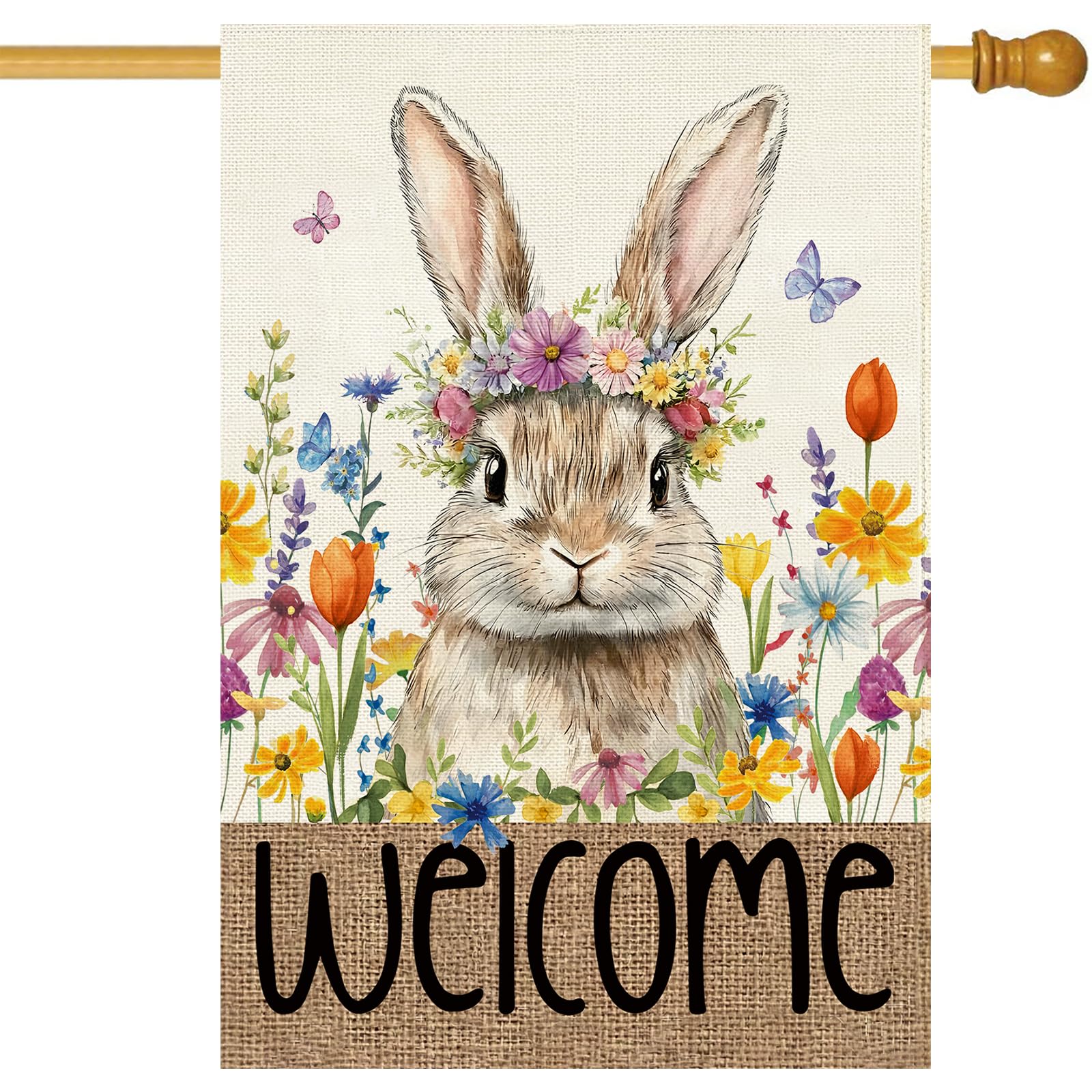 Baccessor Easter Bunny House Flag 28x40 front view showing bright spring design for porch