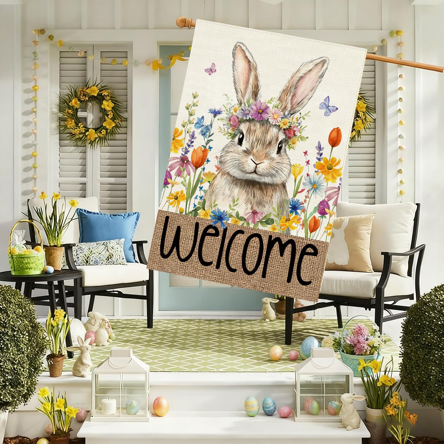 Baccessor Easter Bunny House Flag 28x40 on porch for welcoming outdoor space